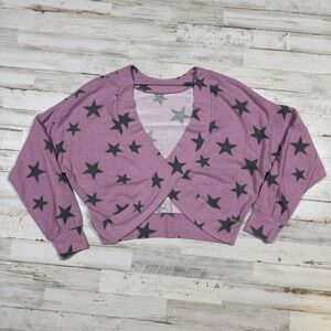 Self Esteem Star Print Cropped Wrap Sweater Lilac & Gray Juniors Size Small